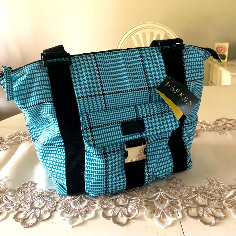 NEW Lauren Ralph Lauren Blue Plaid Houndstooth Nylon Tote Bag